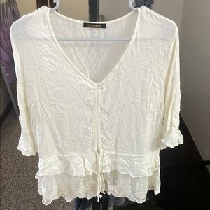 Bluheaven Elegant Boho Cream Lace Hem Ruffled Sleeve Blouse